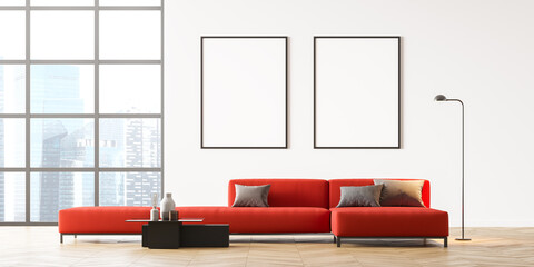 Living room interior with two posters and sofa