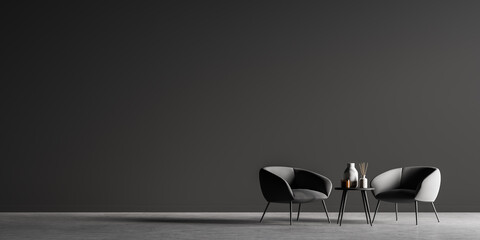 Dark interior of meeting room with two armchairs