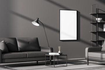 Modern living room interior with one empty white poster on dark grey wall, mock up. Furnished by black sofa and armchair, coffee table with books on it, bookshelf nearby wall and floor lamp.