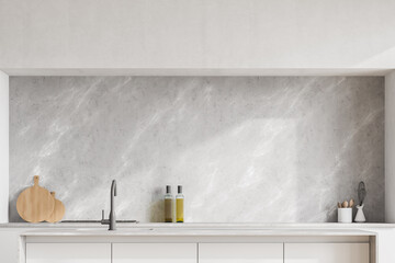 Modern contemporary design kitchen interior. Dining island with sink. White, marble and concrete...