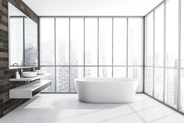 Naklejka na ściany i meble Two sinks and white bathtub, panoramic windows