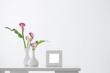 frame and pink calla lily in vase  on white background