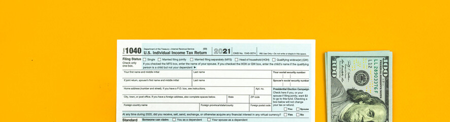 The time to pay taxes banner or background, financial concept with form 1040, US tax forms