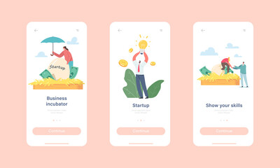 Business Incubator Startup Mobile App Page Onboard Screen Template. Tiny Businesspeople Characters Growing Start up