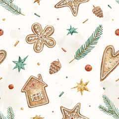 Fototapeta na wymiar Watercolor seamless pattern with gingerbread on a white background. Hand painted background for pattern, background, wallpaper, textures, decor