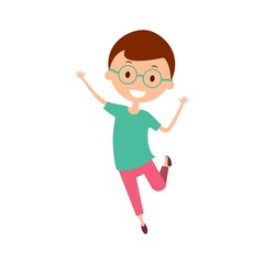 Cartoon smiling boy with dark hair jumping. Joyful child isolated on white background. Happy boy with glasses, turquoise t-shirt and purple trousers