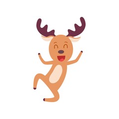 Cartoon joyful deer jumping isolated on white. Smiling stag leaping. Happy animal character.