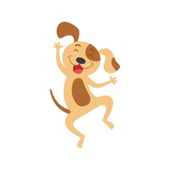 Cartoon joyful dog jumping isolated on white. Smiling puppy leaping. Happy animal character.