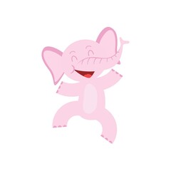 Cartoon joyful elephant jumping isolated on white. Smiling elephant hopping. Happy animal character.