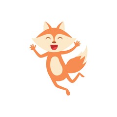 Cartoon joyful fox jumping isolated on white. Smiling funny fox hopping. Happy animal character.