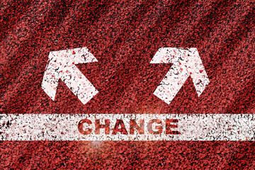 Change word on starting line with arrow on red road background. Business challenge go ahead concept and success idea