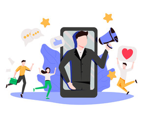Mobile phone, woman with megaphone on screen and young people surrounding her. Influencer marketing, social media or network promotion, SMM. Flat vector illustration for internet advertisement