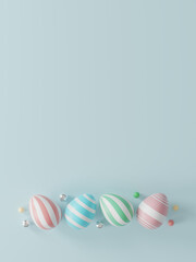 easter eggs on blue background. greeting card, poster, banner template. top view. flat lay. 3D illustration