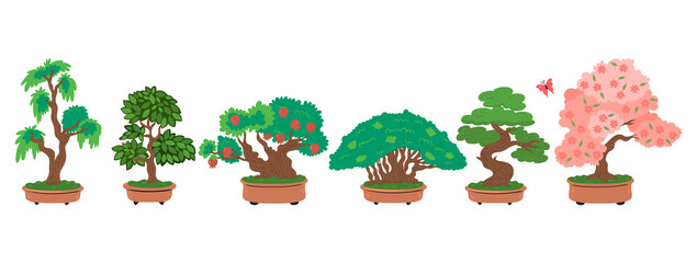 Bonsai trees set isolated on white background. Vector graphics.