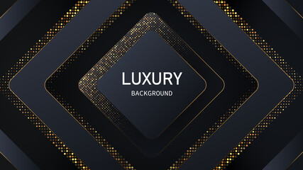 Dark abstract background with black overlap layers. Realistic texture with light effect and golden glitters dots element decoration.