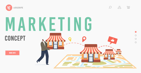 Marketing, Franchise Business Concept Landing Page Template. Tiny Male Character Put Kiosk on Huge Map, Small Enterprise