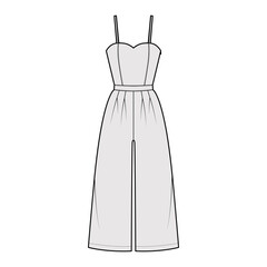 Cami jumpsuits culotte overall technical fashion illustration with ankle length, normal waist, high rise, double pleats, strap, fitted body. Flat front, grey color style. Women, men unisex CAD mockup