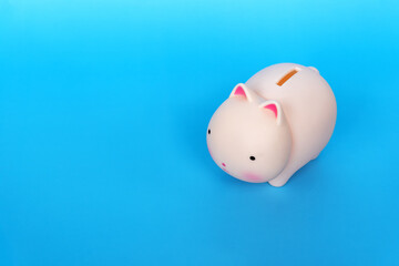 Coin bank cat kitten on blue background with copy space