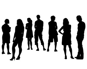 Young people in trendy street style clothes. Isolated silhouettes on white background