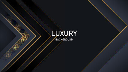 Dark abstract background with black overlap layers. Realistic texture with light effect and golden glitters dots element decoration.