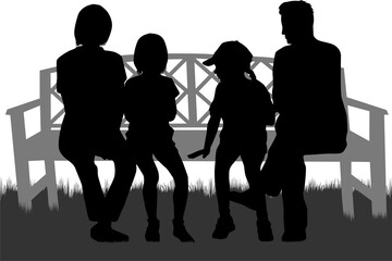 Black silhouettes of a family sitting on a bench.