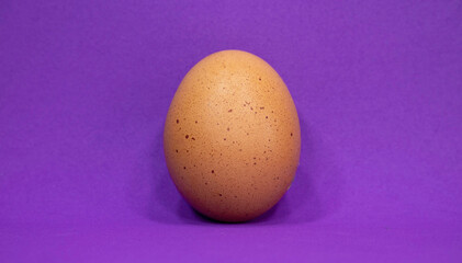 One raw egg on a purple background. Copy space for text. Happy Easter concept. Minimal concept. Flat lay. 