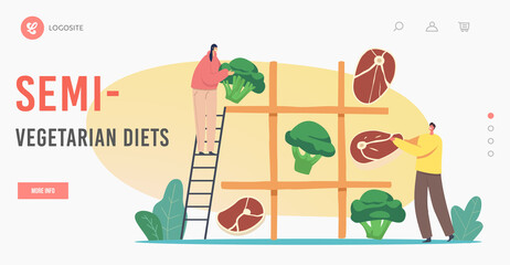 Semi-Vegetarian Diet Landing Page Template. Vegetarian or Meat Choice. Tiny Characters Playing Huge Noughts and Crosses