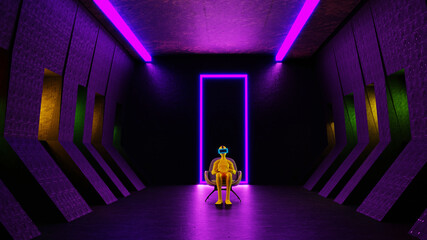 Futuristic science fiction dark empty room.Purple Neon Glowing. Floor with reflections 3D rendering. Man wearing virtual reality glasses. Concept cyber punk