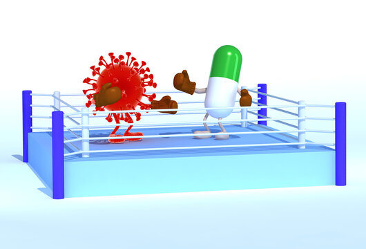 boxe ring with virus and pill that are fighting
