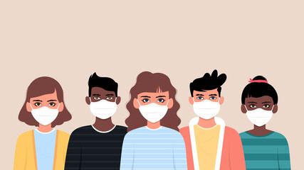 Group of people wearing medical mask to prevent from corona virus. Vector illustration.