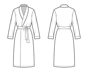 Bathrobe Dressing gown technical fashion illustration with wrap opening, knee length, oversized, tie, long sleeves. Flat garment apparel front back, white color style. Women, men unisex CAD mockup