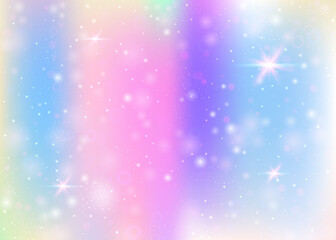 Naklejka na ściany i meble Holographic background with rainbow mesh. Girlie universe banner in princess colors. Fantasy gradient backdrop with hologram. Holographic magic background with fairy sparkles, stars and blurs.