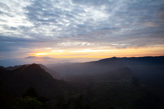 Asia Java Landscape View Sunrise Fog Clouds Sky Town Morning