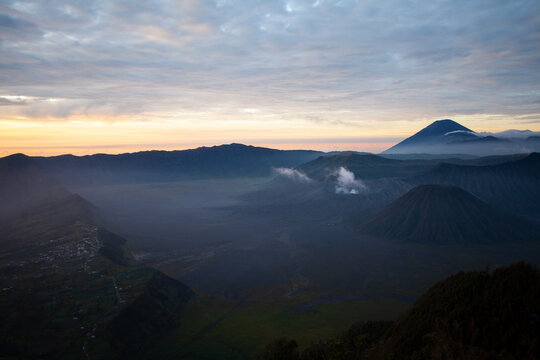 Sunset on the mountains Java Indonesia Volcano and Valley