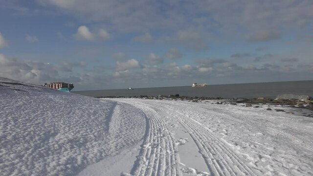 Marstal Maersk Ship With Intermodal Containers Sailing In The Ocean Inbound To Rotterdam, Netherlands. - wide shot