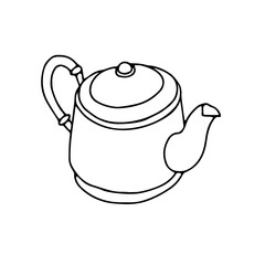 Black hand drawing illustration of a metal kettle with hot water for tea or coffee isolated on a white background