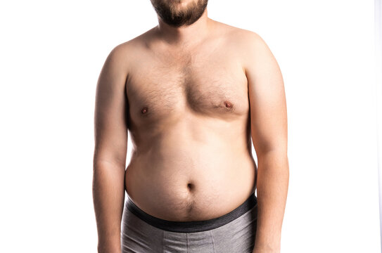 Fat man with a big belly. Diet. white background isolated
