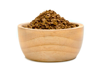 Instant coffee powder with wooden bowl isolated on white background