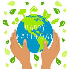 vector illustration on the theme of earth day. planet earth, held by hands, around - trees, leaves. caring for the climate, nature, ecology. flat illustration for websites, magazines, apps