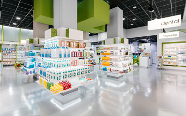 Interior of empty modern pharmacy