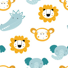 Vector hand-drawn seamless repeating color childish pattern with african animals in Scandinavian style on a white background. Scandinavian pattern with animals. Lion, elephant, monkey,crocodile.