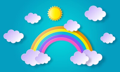 blue sky with rainbow and cloud, sun background. paper art style. vector illustration.
