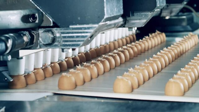 Factory machine is manufacturing batches of fudge candies