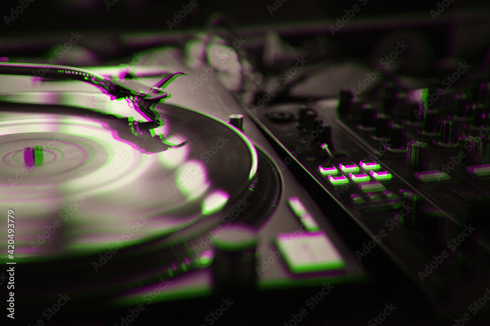 Sticker retro dj turntable player plays vinyl record with music on concert stage