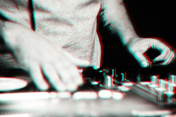 Abstract anaglyph background with hip hop dj playing music with old analog turntables and vinyl...