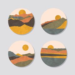 Collection d'illustrations de paysages avec coucher de soleil avec texture sur fond bleu clair