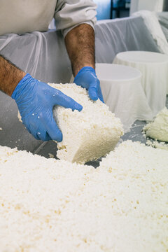 Crop man working with cheese raw materials