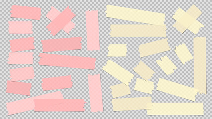 Yellow and pink different size adhesive, sticky, masking, duct tape, paper pieces are on grey transparent, squared background