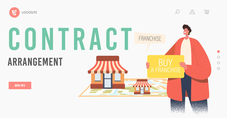 Contract Arrangement Landing Page Template. Male Character Holding Banner with Inscription Buy Franchise, Franchising