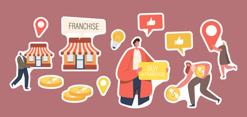 Set of Stickers Franchise. Character with Banner Buy Franchise, Vendor Kiosk and Gold Coins, Woman with Navigation Pin